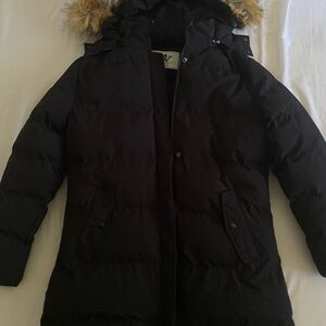 Black Puffer Coat with Fur Hood